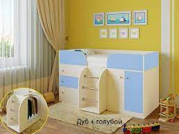 Кровать-чердак Малыш-4 Дуб молочный/Голубой в Мирном - mirnyj.mebel54.com | фото