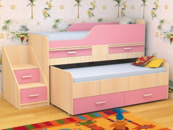 Кровать детская Лесики двухместная 1.8  Дуб молочный/Розовый в Мирном - mirnyj.mebel54.com | фото