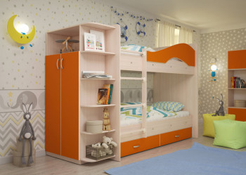 Кровать Мая двухъярусная с ящиками и шкафом Млечный дуб/Оранжевый в Мирном - mirnyj.mebel54.com | фото