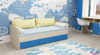 Кровать с выкатными ящиками Дуб молочный/Голубой в Мирном - mirnyj.mebel54.com | фото