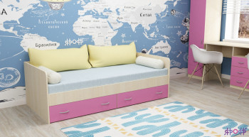 Кровать с выкатными ящиками Дуб Молочный/Розовый в Мирном - mirnyj.mebel54.com | фото