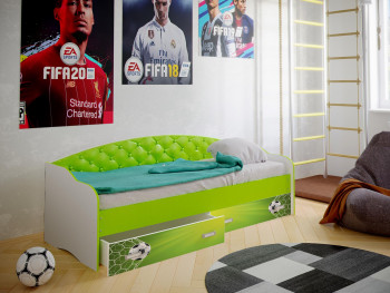 Кровать Софа-8 с мягкой спинкой фотопечать Футбол (900х1900) Белый/Лайм в Мирном - mirnyj.mebel54.com | фото