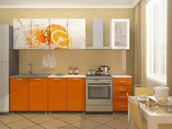 Кухонный гарнитур 1,6м Апельсин (Белый/Оранжевый металлик/Фотопечать апельсин) в Мирном - mirnyj.mebel54.com | фото